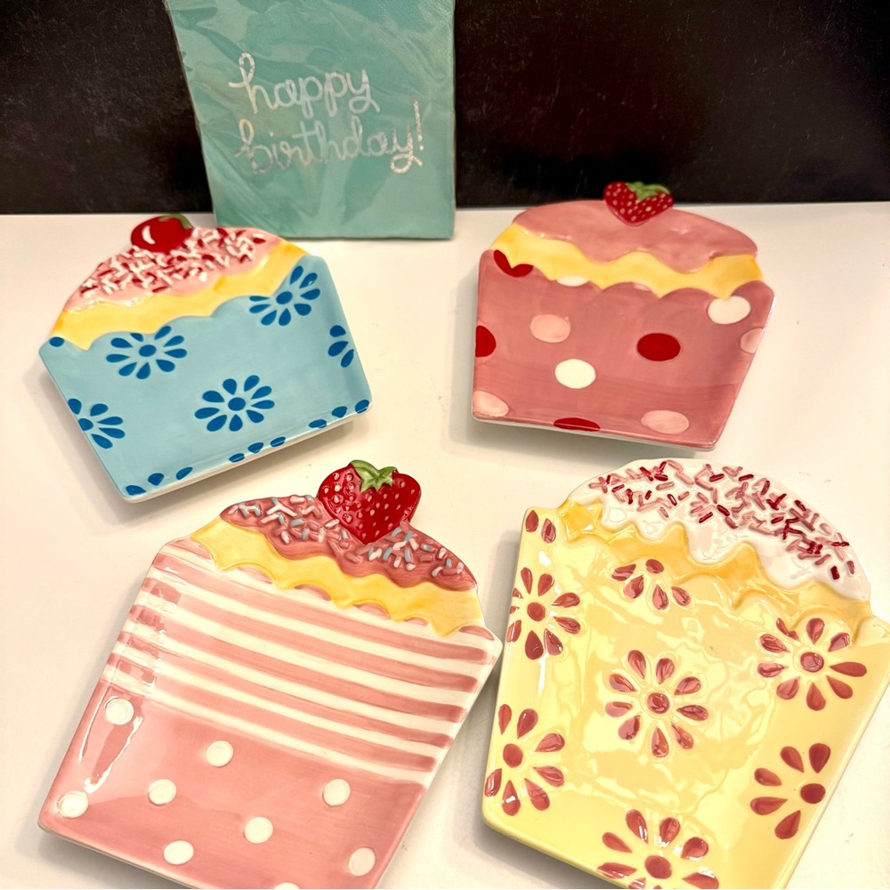 Pier 1 Colorful Cupcake Ceramic Dessert Plates - Pink, Blue, Yellow.